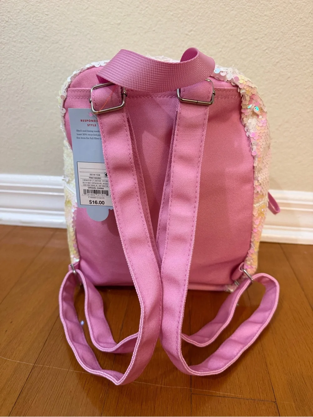 Cat & Jack Pink Iridescent Sequin Llama Backpack with Gold Accents